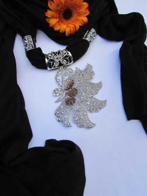 Soft Fabric Long Scarf Big Jeweled Butterfly Pendant