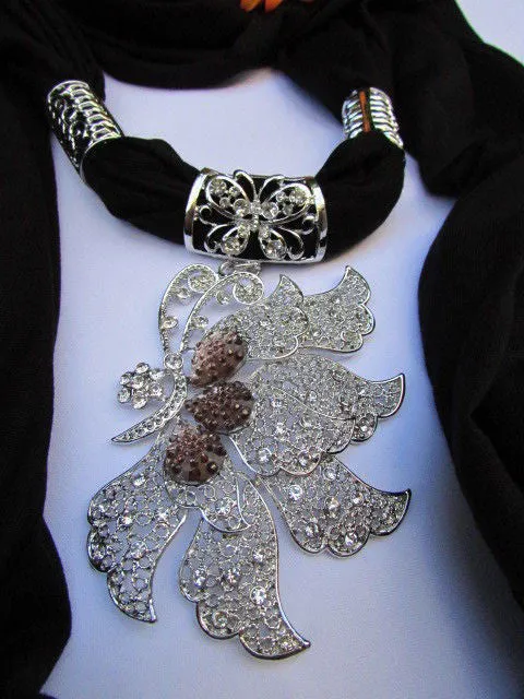 Soft Fabric Long Scarf Big Jeweled Butterfly Pendant