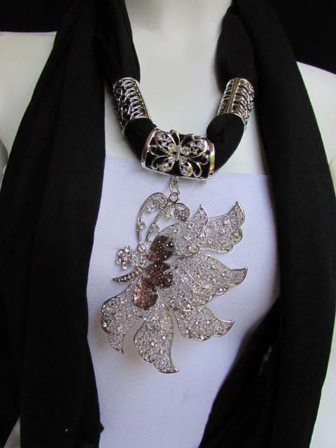Soft Fabric Long Scarf Big Jeweled Butterfly Pendant