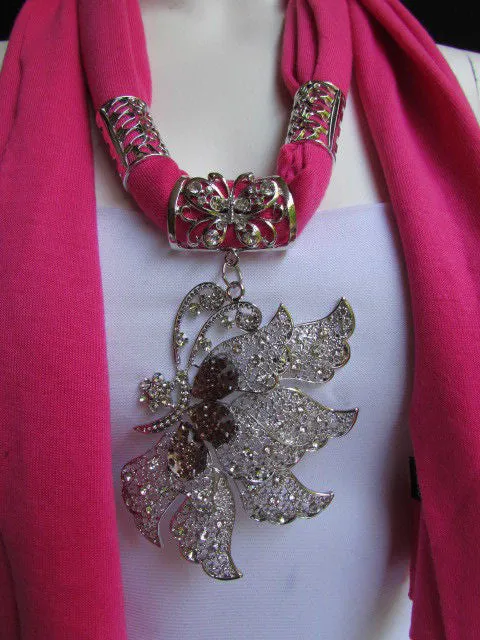 Soft Fabric Long Scarf Big Jeweled Butterfly Pendant
