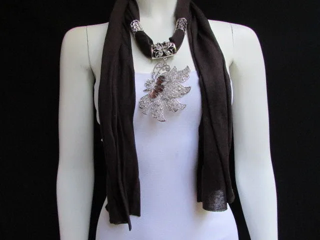 Soft Fabric Long Scarf Big Jeweled Butterfly Pendant