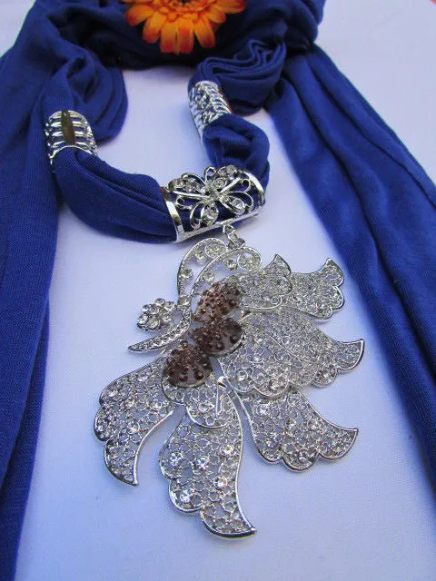 Soft Fabric Long Scarf Big Jeweled Butterfly Pendant