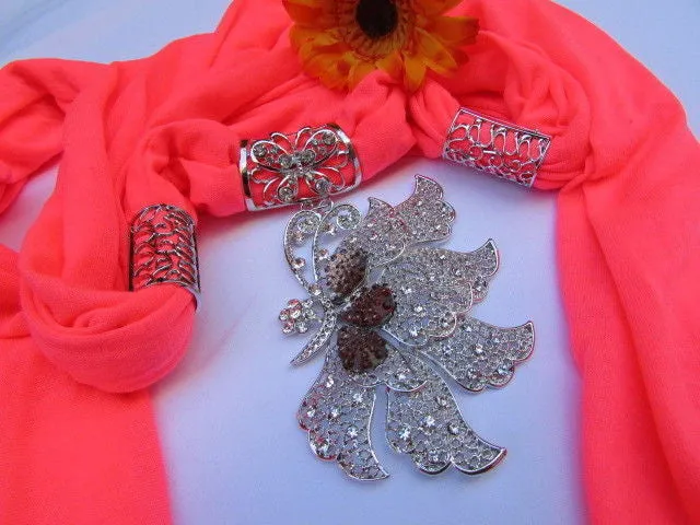 Soft Fabric Long Scarf Big Jeweled Butterfly Pendant