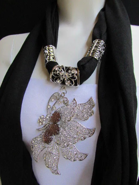 Soft Fabric Long Scarf Big Jeweled Butterfly Pendant