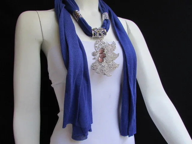 Soft Fabric Long Scarf Big Jeweled Butterfly Pendant