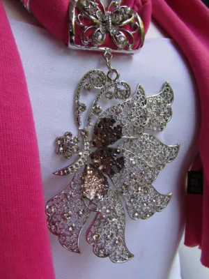 Soft Fabric Long Scarf Big Jeweled Butterfly Pendant