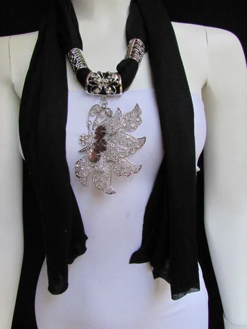Soft Fabric Long Scarf Big Jeweled Butterfly Pendant