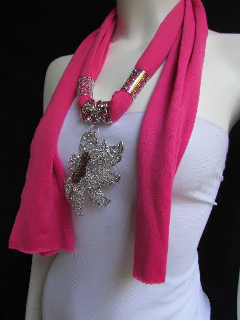 Soft Fabric Long Scarf Big Jeweled Butterfly Pendant