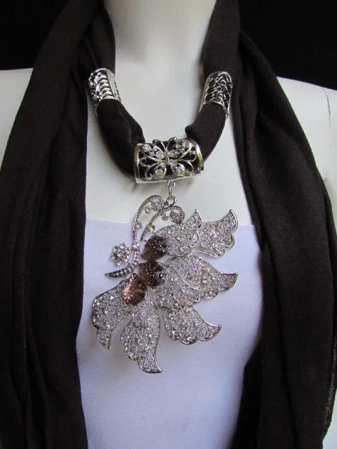 Soft Fabric Long Scarf Big Jeweled Butterfly Pendant