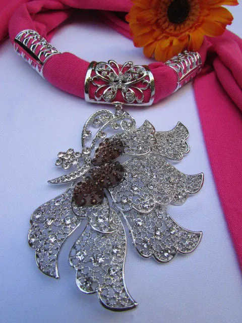 Soft Fabric Long Scarf Big Jeweled Butterfly Pendant