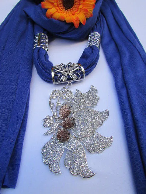 Soft Fabric Long Scarf Big Jeweled Butterfly Pendant