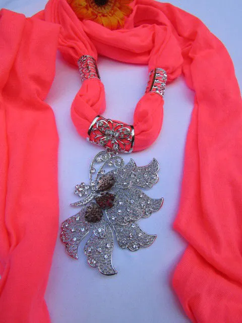 Soft Fabric Long Scarf Big Jeweled Butterfly Pendant