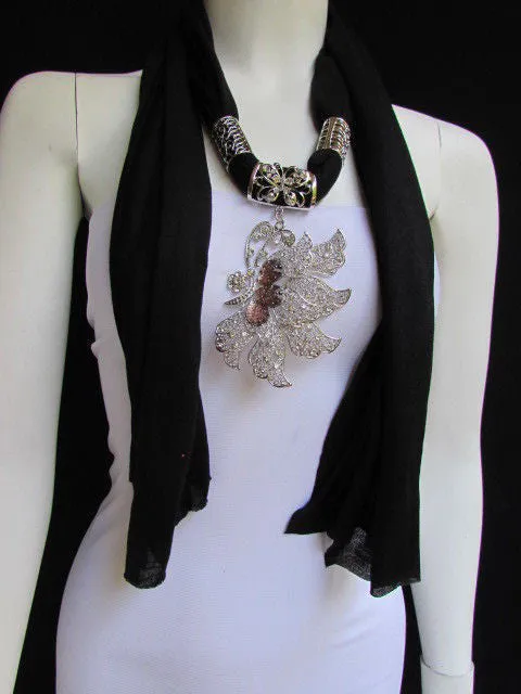 Soft Fabric Long Scarf Big Jeweled Butterfly Pendant