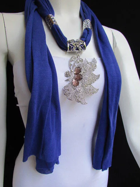 Soft Fabric Long Scarf Big Jeweled Butterfly Pendant