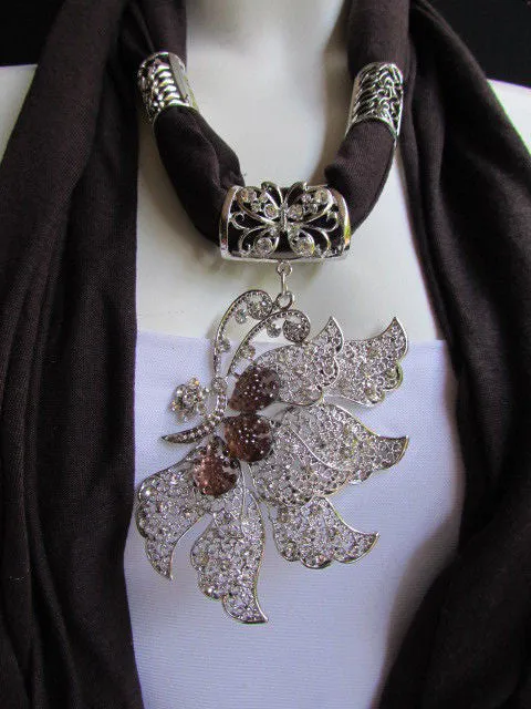 Soft Fabric Long Scarf Big Jeweled Butterfly Pendant