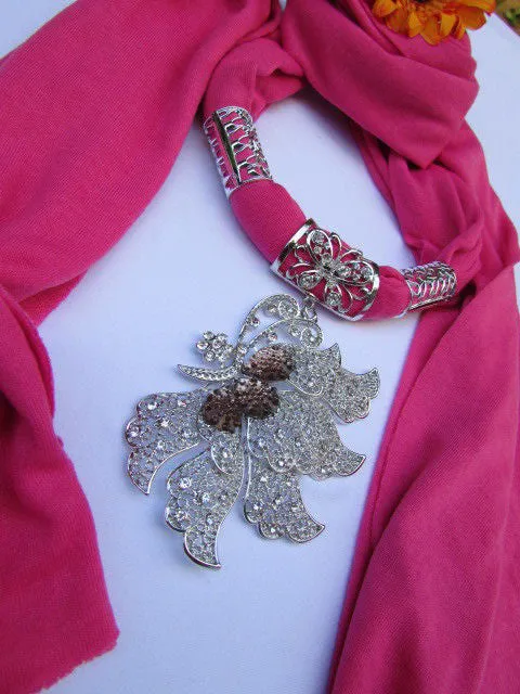 Soft Fabric Long Scarf Big Jeweled Butterfly Pendant