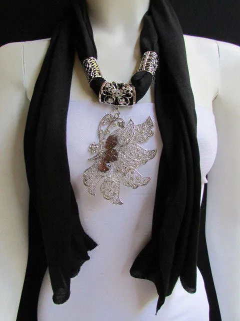 Soft Fabric Long Scarf Big Jeweled Butterfly Pendant