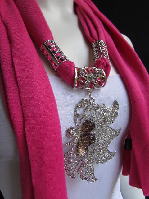 Soft Fabric Long Scarf Big Jeweled Butterfly Pendant
