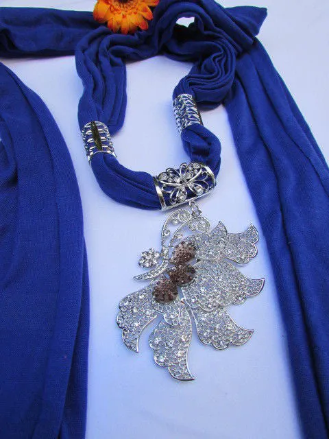 Soft Fabric Long Scarf Big Jeweled Butterfly Pendant