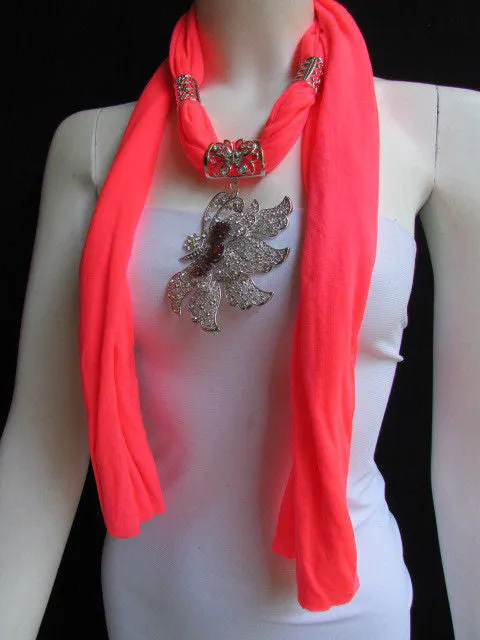 Soft Fabric Long Scarf Big Jeweled Butterfly Pendant