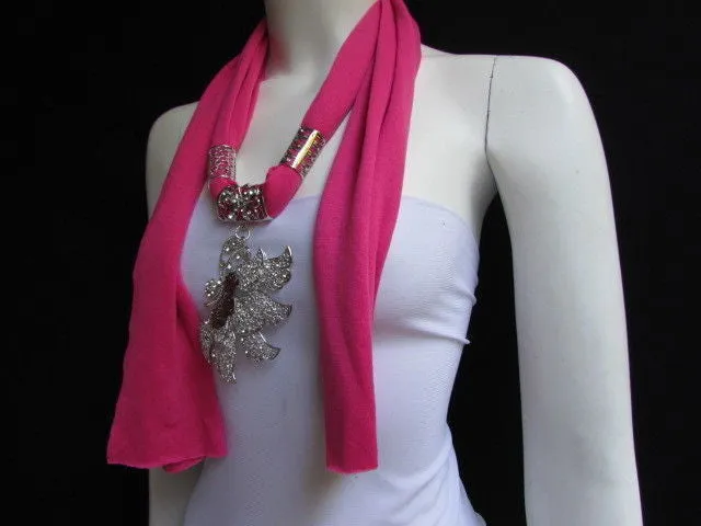 Soft Fabric Long Scarf Big Jeweled Butterfly Pendant