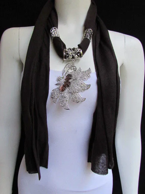 Soft Fabric Long Scarf Big Jeweled Butterfly Pendant
