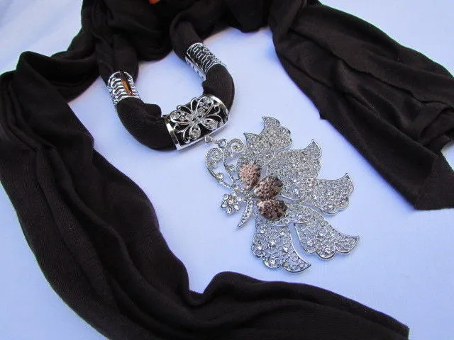 Soft Fabric Long Scarf Big Jeweled Butterfly Pendant
