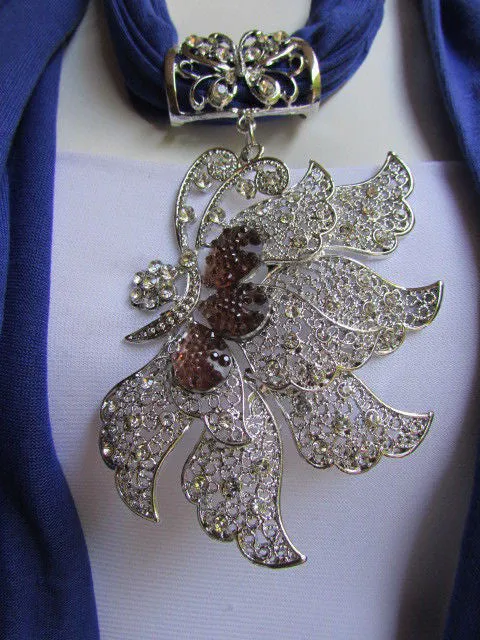 Soft Fabric Long Scarf Big Jeweled Butterfly Pendant