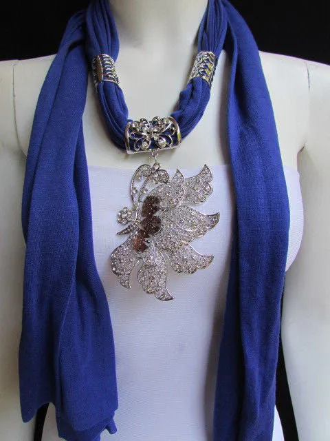 Soft Fabric Long Scarf Big Jeweled Butterfly Pendant