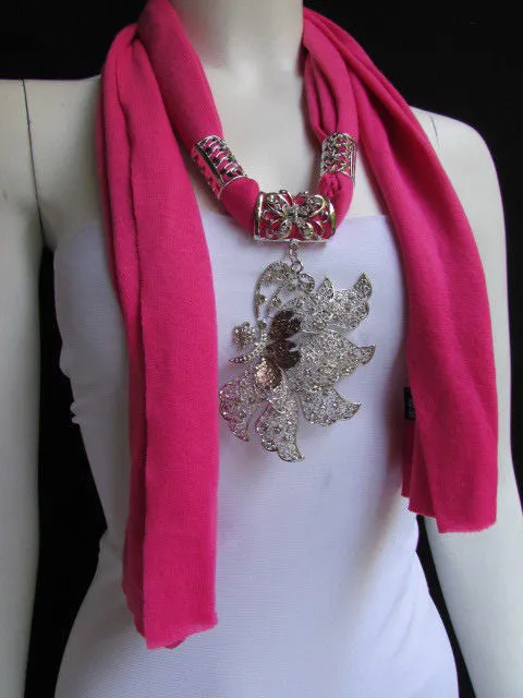 Soft Fabric Long Scarf Big Jeweled Butterfly Pendant