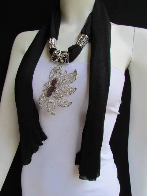 Soft Fabric Long Scarf Big Jeweled Butterfly Pendant