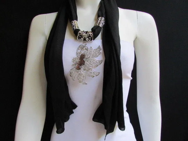 Soft Fabric Long Scarf Big Jeweled Butterfly Pendant