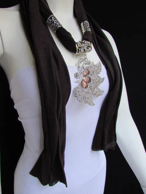 Soft Fabric Long Scarf Big Jeweled Butterfly Pendant