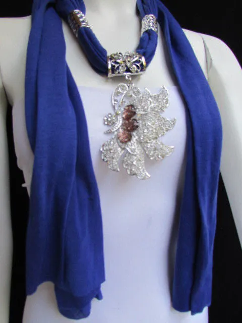Soft Fabric Long Scarf Big Jeweled Butterfly Pendant