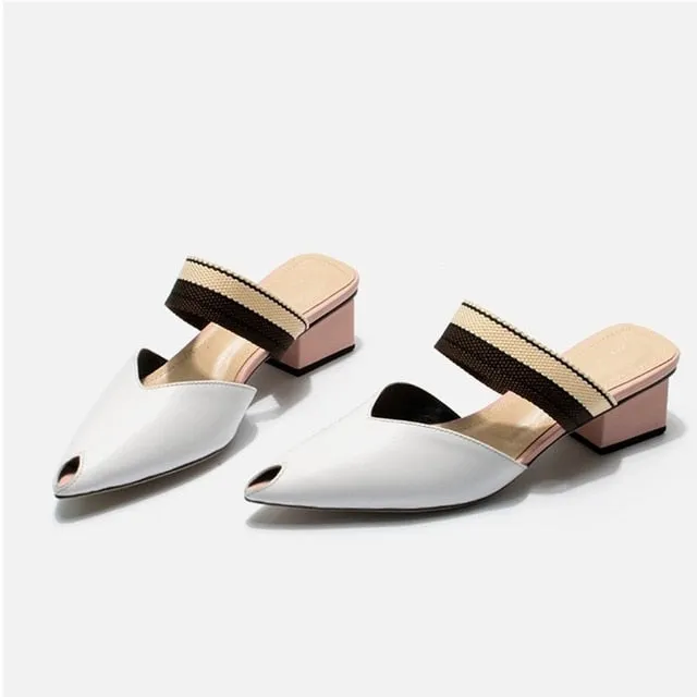 soft natural genuine leather women flip flops medium heels women summer fashion sexy slippers pointed toe slides