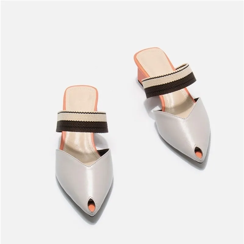 soft natural genuine leather women flip flops medium heels women summer fashion sexy slippers pointed toe slides