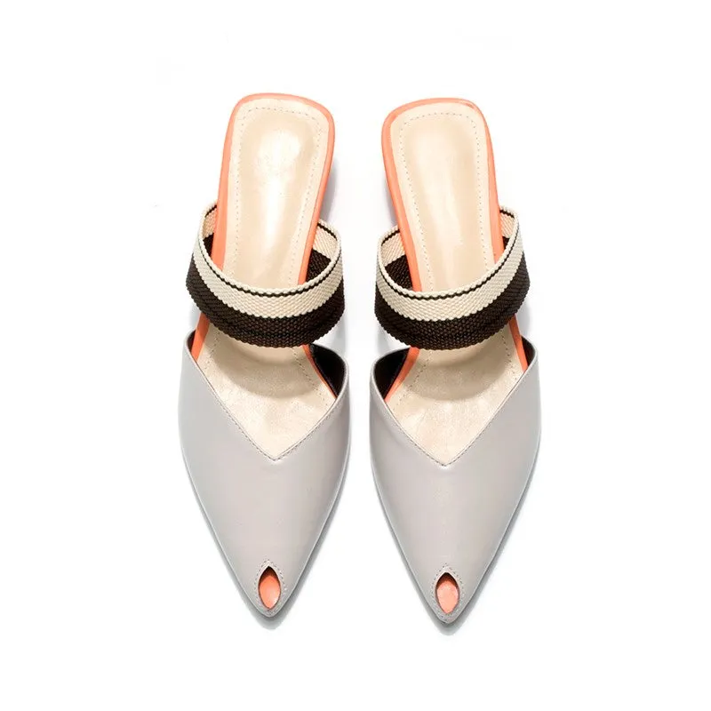 soft natural genuine leather women flip flops medium heels women summer fashion sexy slippers pointed toe slides