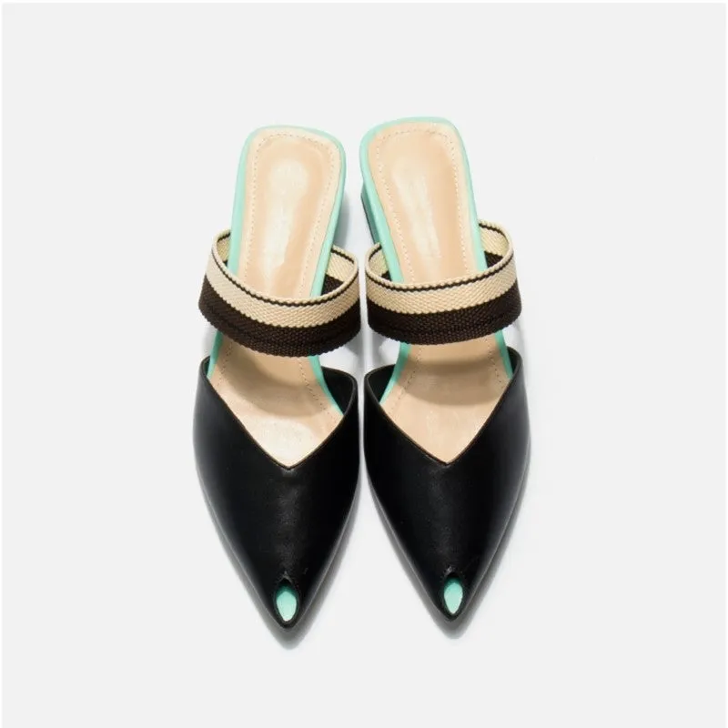 soft natural genuine leather women flip flops medium heels women summer fashion sexy slippers pointed toe slides