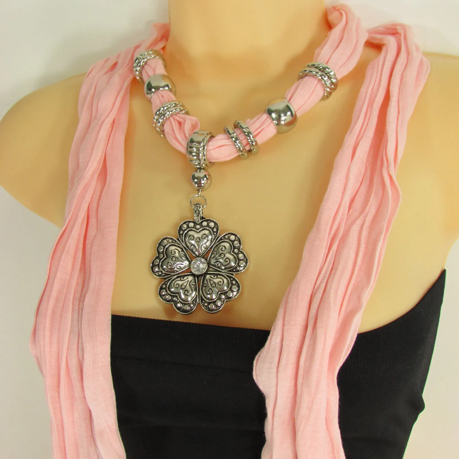 Soft Scarf Heart Flower Silver Pendant