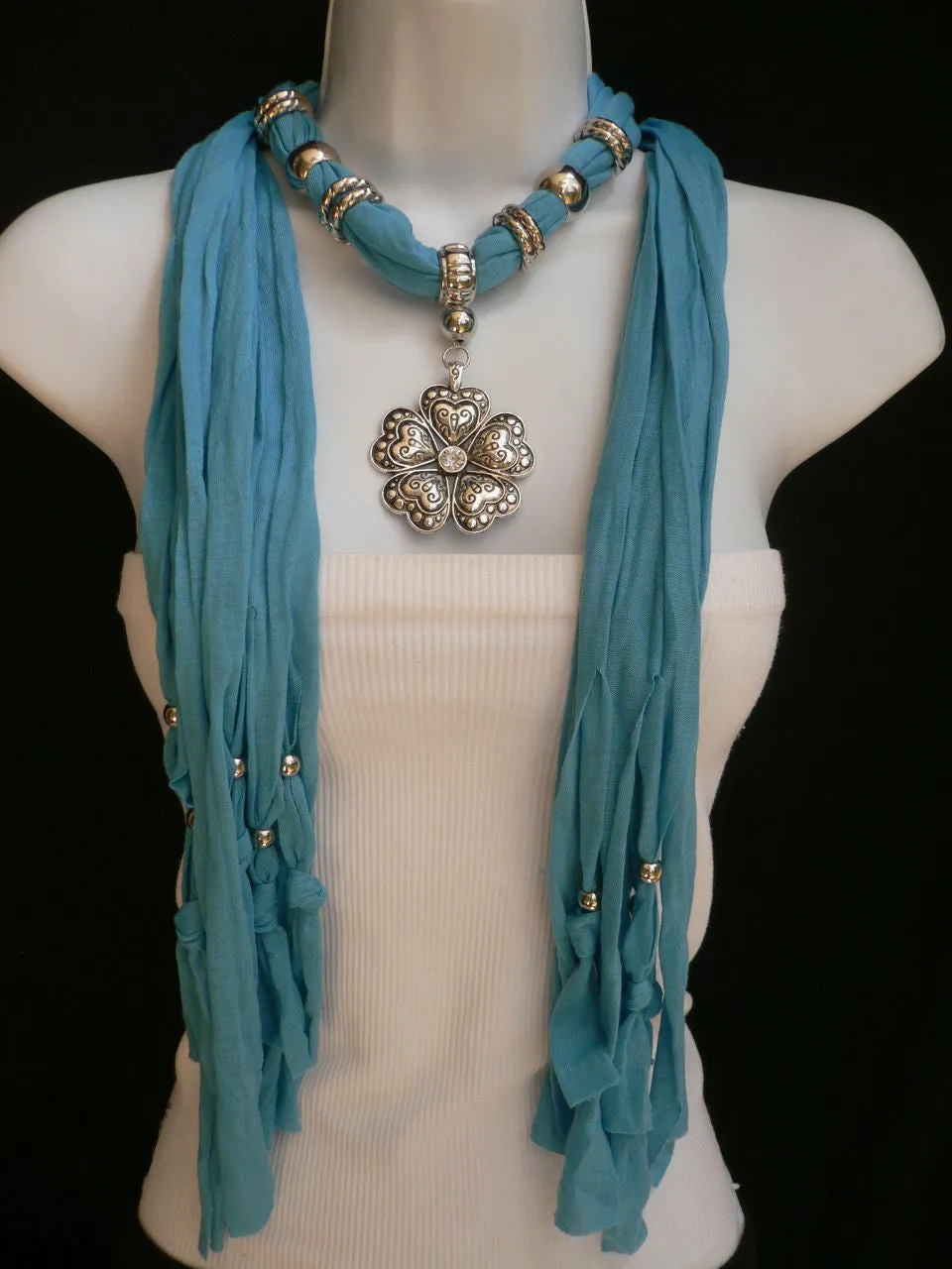 Soft Scarf Heart Flower Silver Pendant