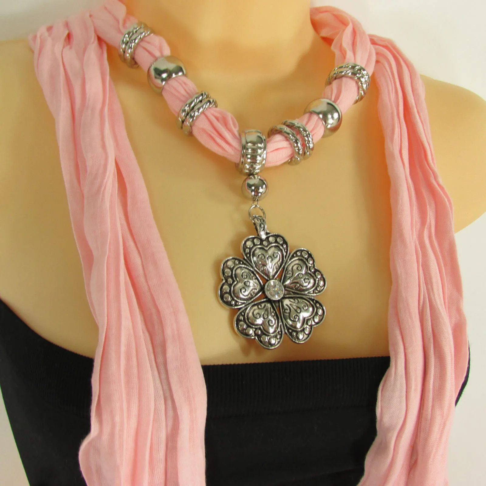 Soft Scarf Heart Flower Silver Pendant