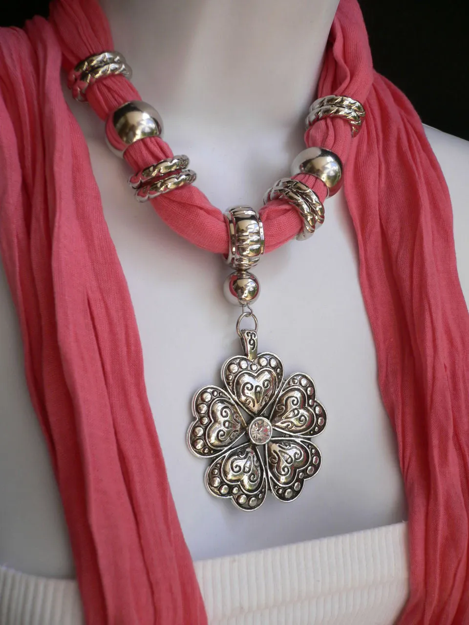 Soft Scarf Heart Flower Silver Pendant
