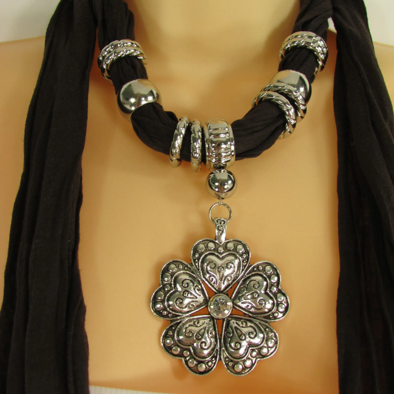 Soft Scarf Heart Flower Silver Pendant