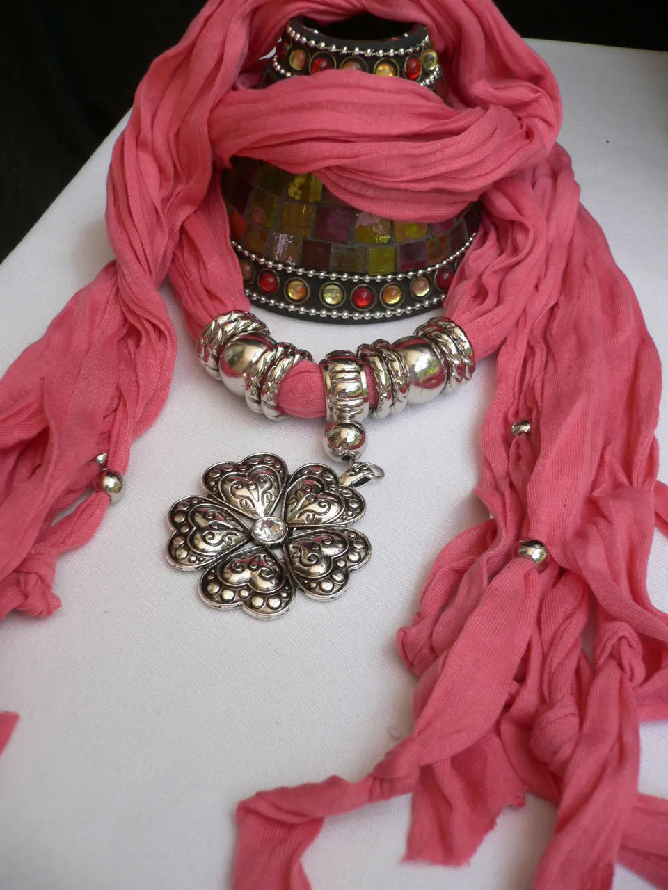 Soft Scarf Heart Flower Silver Pendant