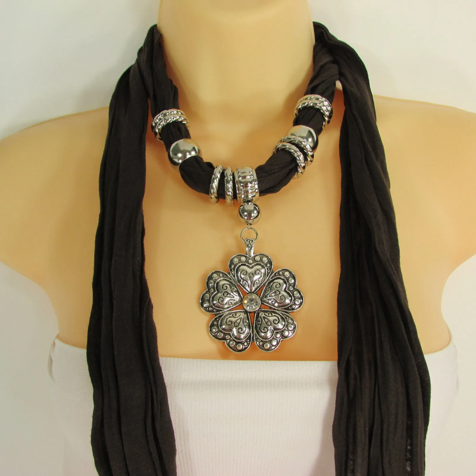 Soft Scarf Heart Flower Silver Pendant