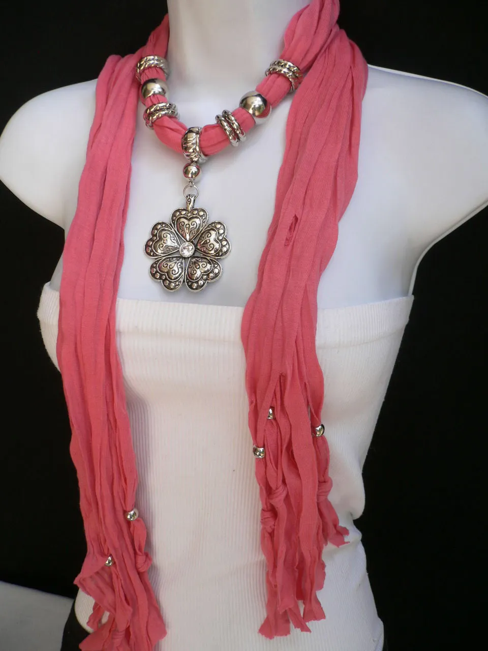 Soft Scarf Heart Flower Silver Pendant