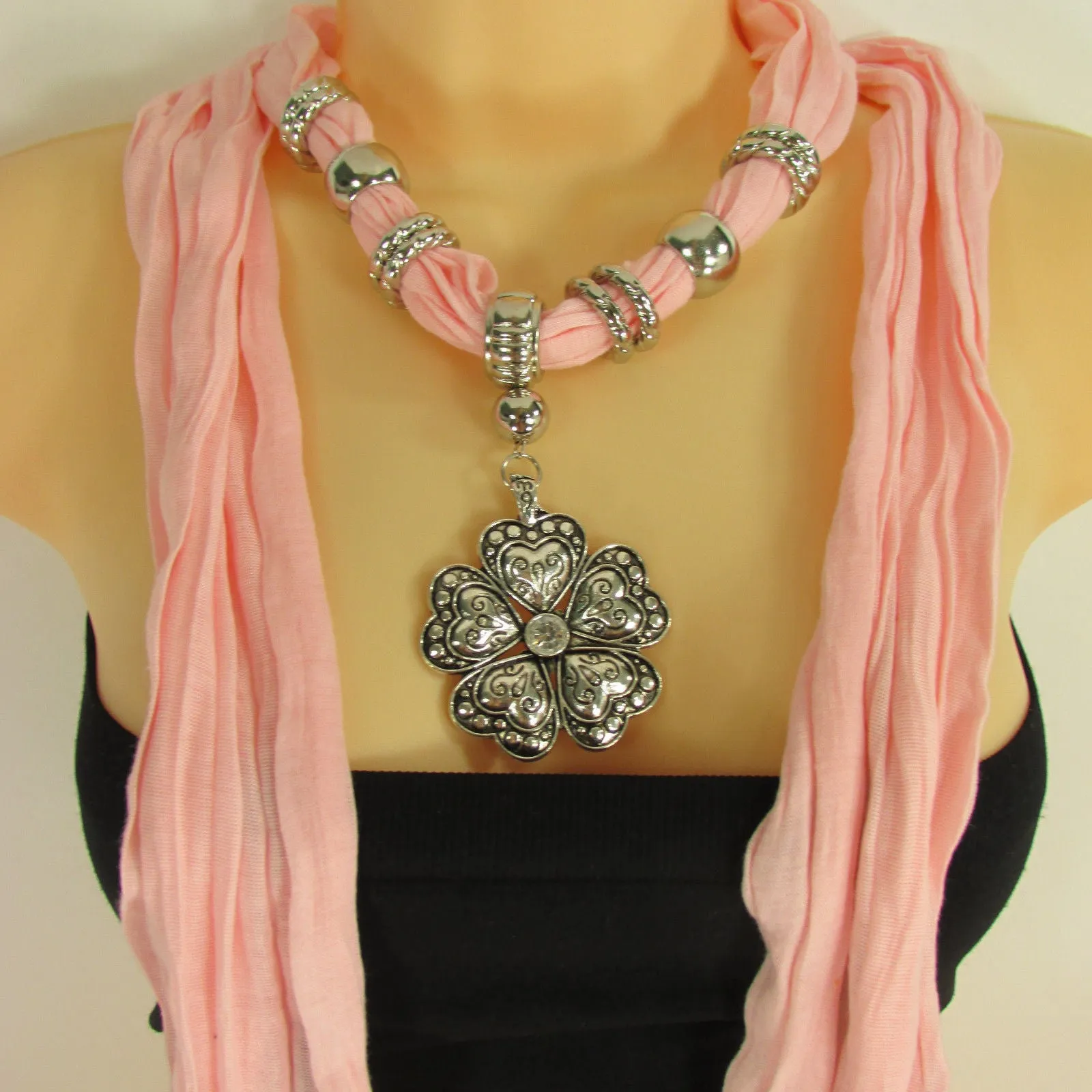 Soft Scarf Heart Flower Silver Pendant