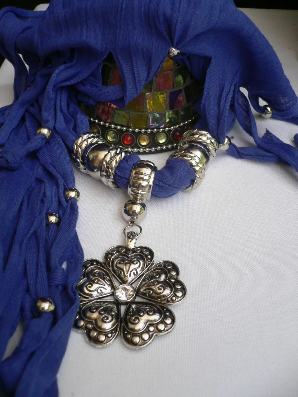 Soft Scarf Heart Flower Silver Pendant