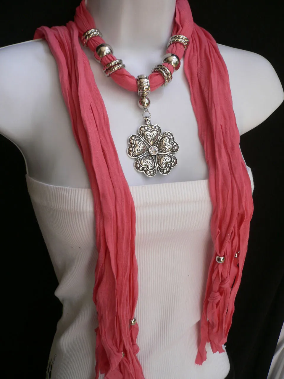 Soft Scarf Heart Flower Silver Pendant