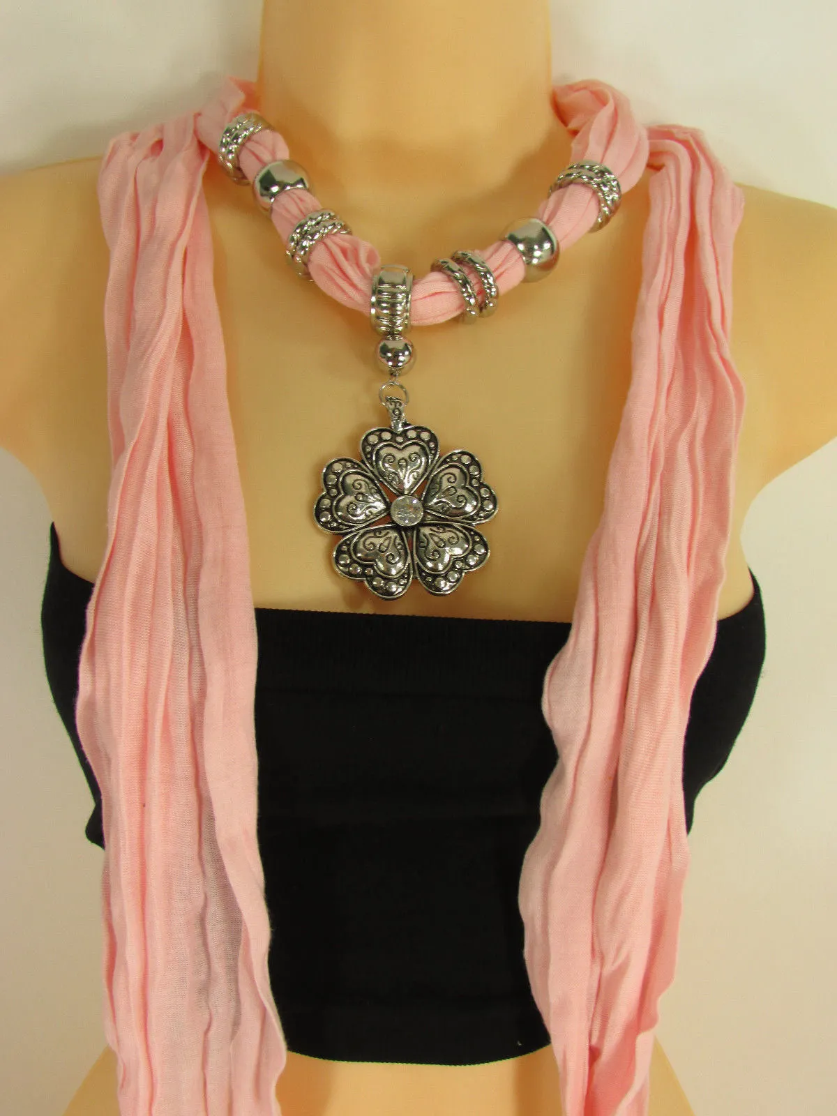 Soft Scarf Heart Flower Silver Pendant